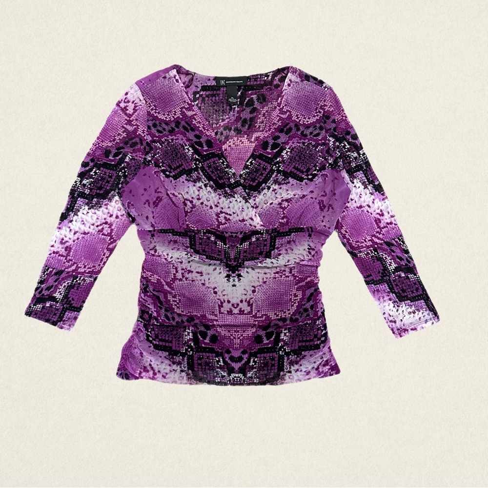 VINTAGE Y2K INC International Concepts Mesh V-Neck Ruched Abstract Print Blouse.